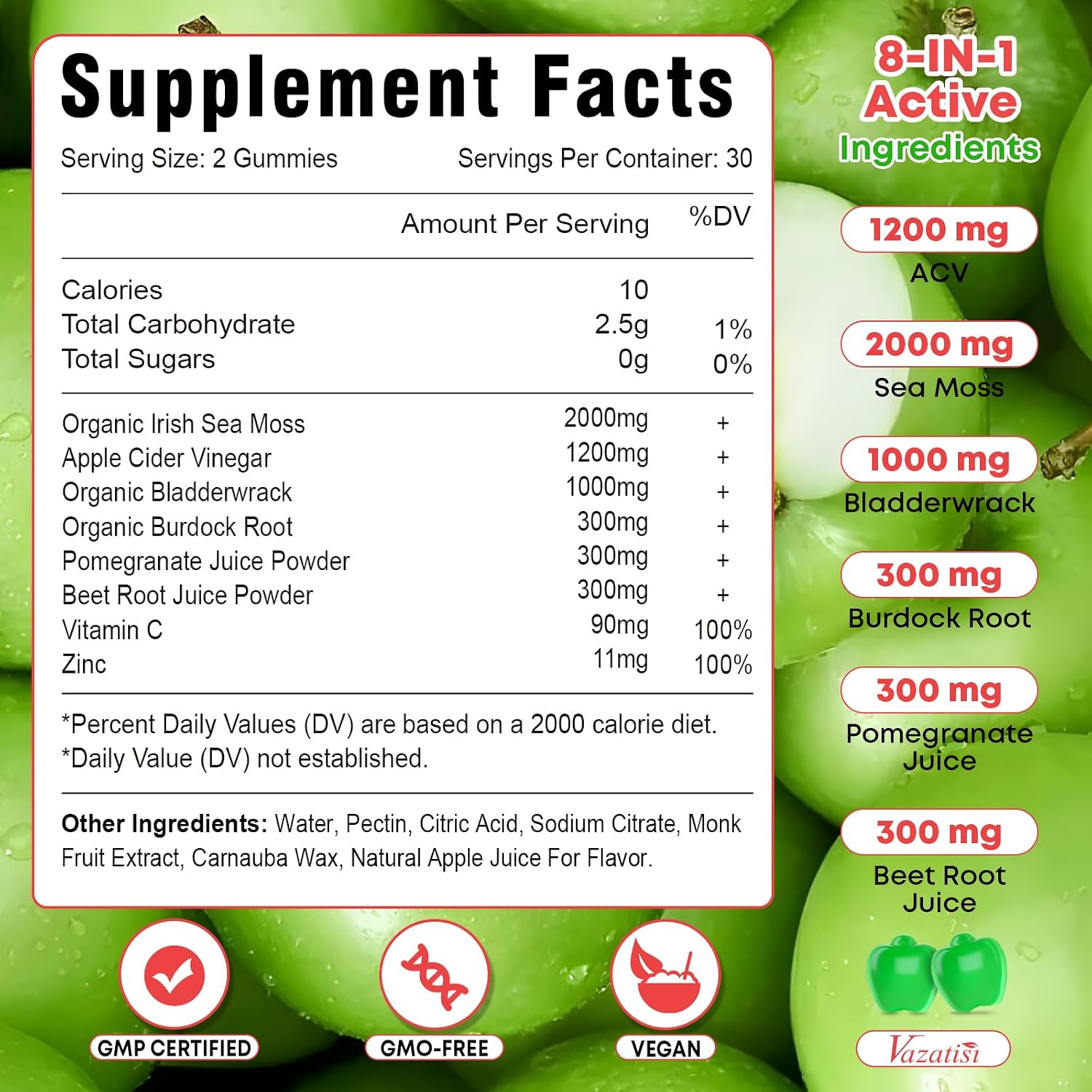 Vazatisi Apple Cider Vinegar Gummies with Sea Moss for Metabolism, Digestion & Immune Health - Apple Flavoured, 60 Count - görsel 7