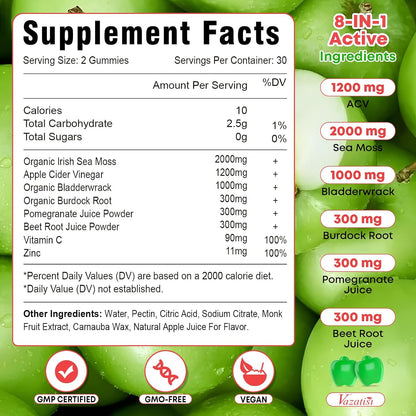 Vazatisi Apple Cider Vinegar Gummies with Sea Moss for Metabolism, Digestion & Immune Health - Apple Flavoured, 60 Count