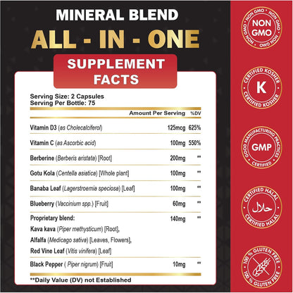 Cadane Premium Berberine Extract - 10-in-1 Supplement with Gotu Kola, Banaba Leaf, Vitamins D3 & C - 150 Vegetable Capsules for Immune and Digestive Support