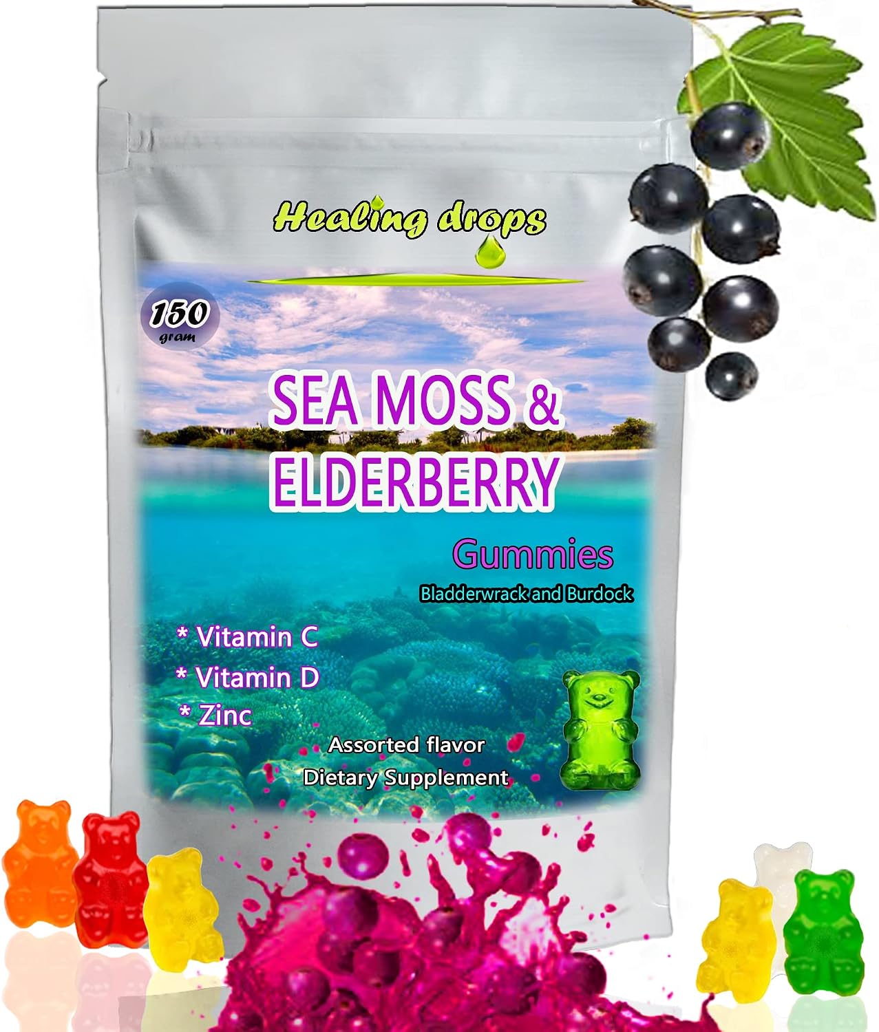 HEALING DROPS Irish Sea Moss Gummies – Organic Wildcrafted Sun-Dried Sea Moss with Bladderwrack & Burdock Root (Elderberry-Mix) - görsel 5