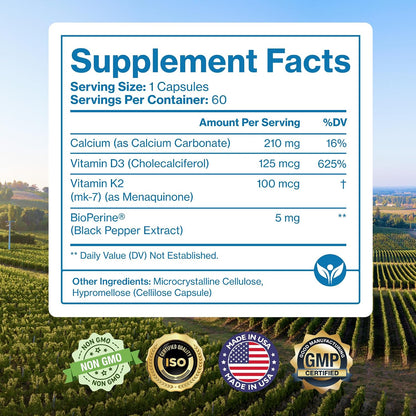 Pure Micronutrients Vitamin D3 K2 Supplement – MK7 100mcg, D3 5000 IU, BioPerine – Vegan Capsules