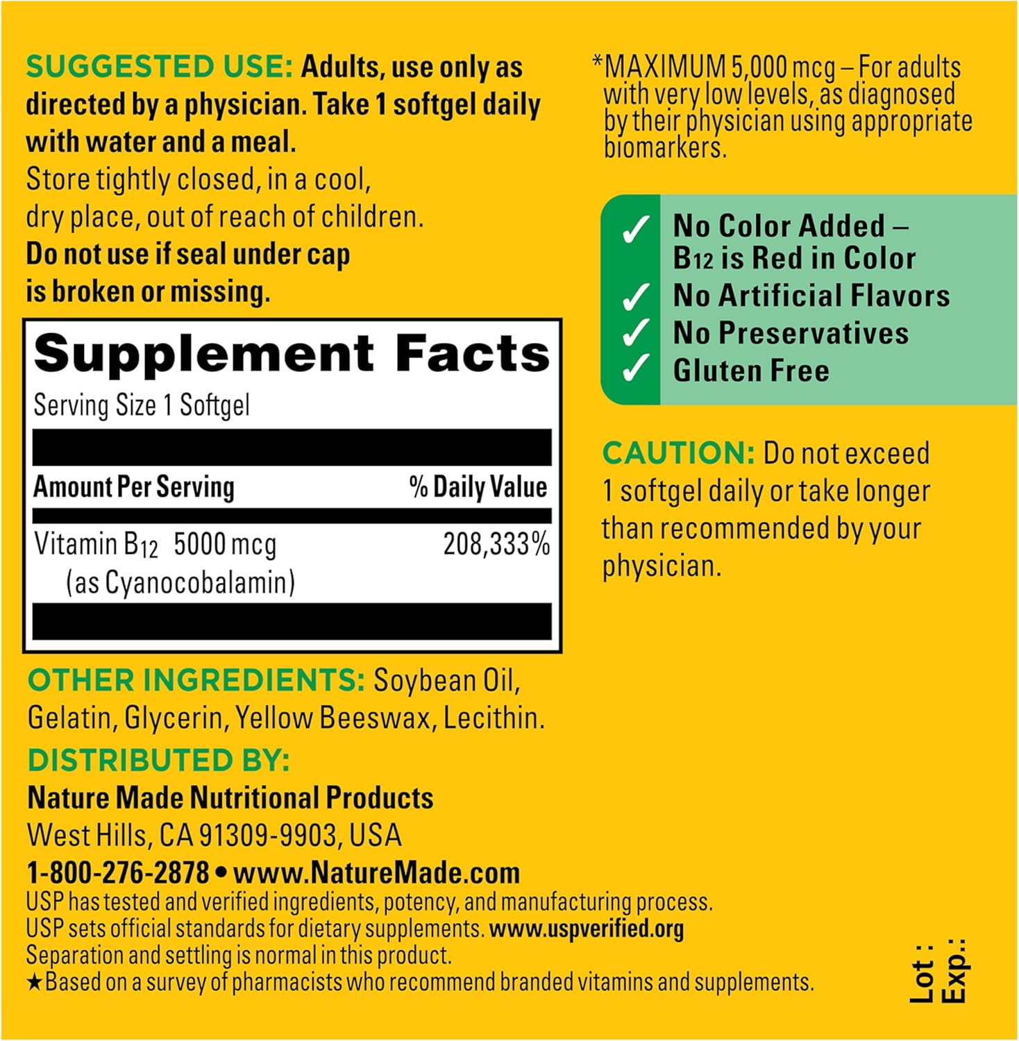 Nature Made Maximum Strength Vitamin B12 5000 mcg, 60 Softgels - görsel 8