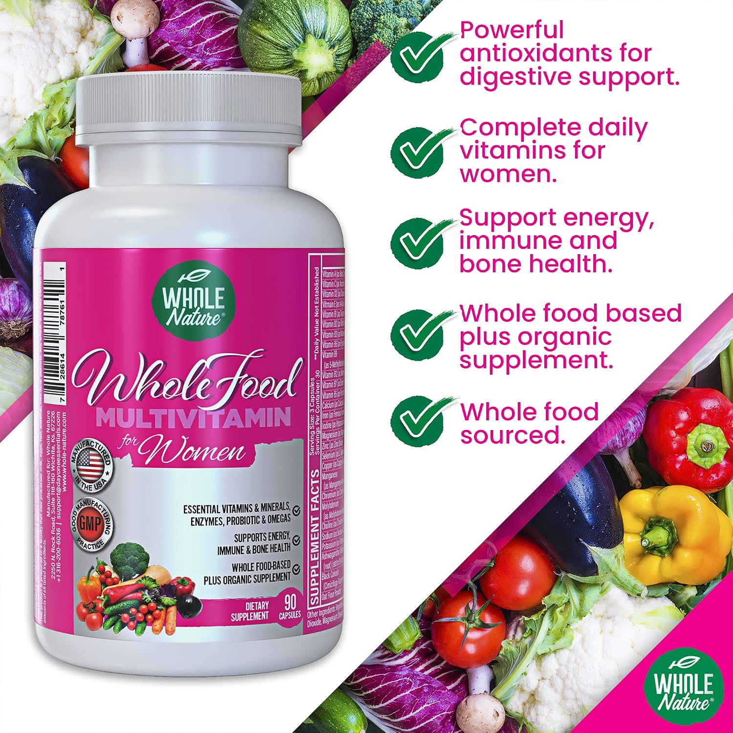 Whole Nature Whole Food Multivitamin for Women - Vegan, Non-GM, with Folate, B12, Probiotics & Omegas (90 Capsules) - görsel 2