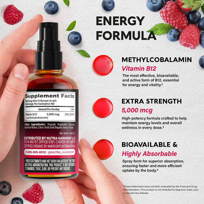 USDA Organic Vitamin B12 Sublingual Spray – 5000 mcg Methylcobalamin – Vegan Liquid Supplement – 60 ml