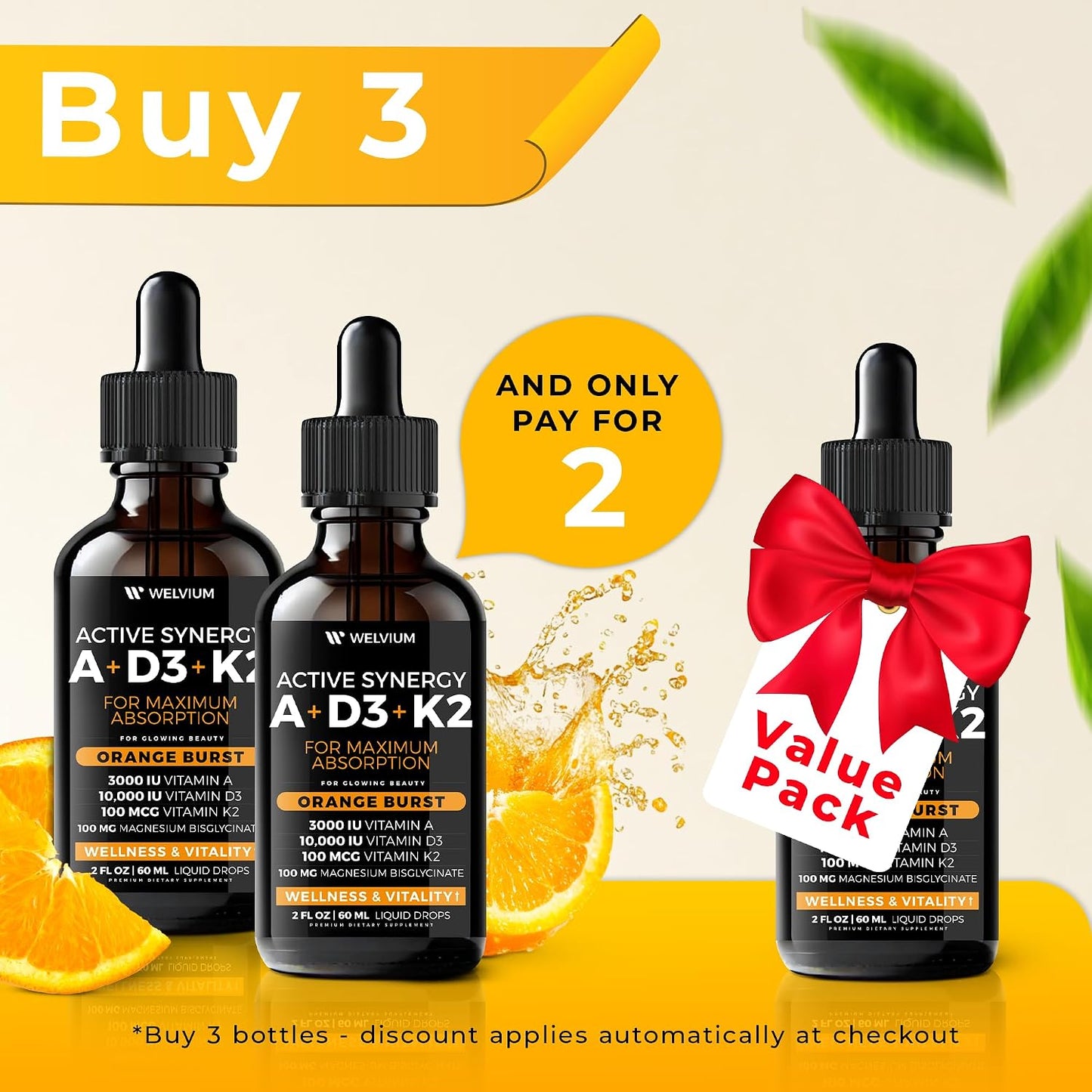 WELVIUM 7-in-1 Liquid Vitamin D3 K2 Magnesium Drops with 10,000 IU D3, MK-7, Vitamin A, Calcium, MCT Oil – Immune, Bone & Skin Support (30 Servings) - görsel 6