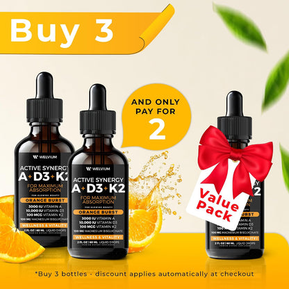 WELVIUM 7-in-1 Liquid Vitamin D3 K2 Magnesium Drops with 10,000 IU D3, MK-7, Vitamin A, Calcium, MCT Oil – Immune, Bone & Skin Support (30 Servings)