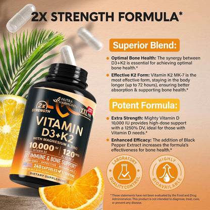 Vitamin D3 10,000 IU & K2 MK-7 with Magnesium, Zinc, Vitamin C, B12 – 240 Capsules