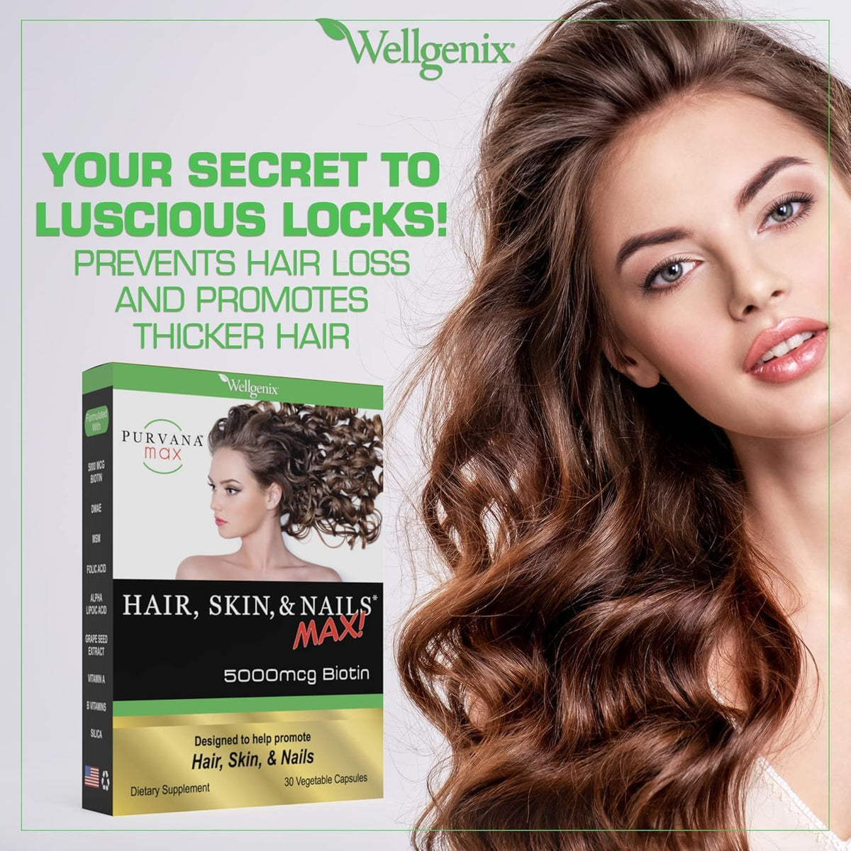Wellgenix Purvana MAX Hair, Skin and Nails Supplement – 5000mcg Biotin with MSM & B-Complex – 30 Veggie Capsules - görsel 6