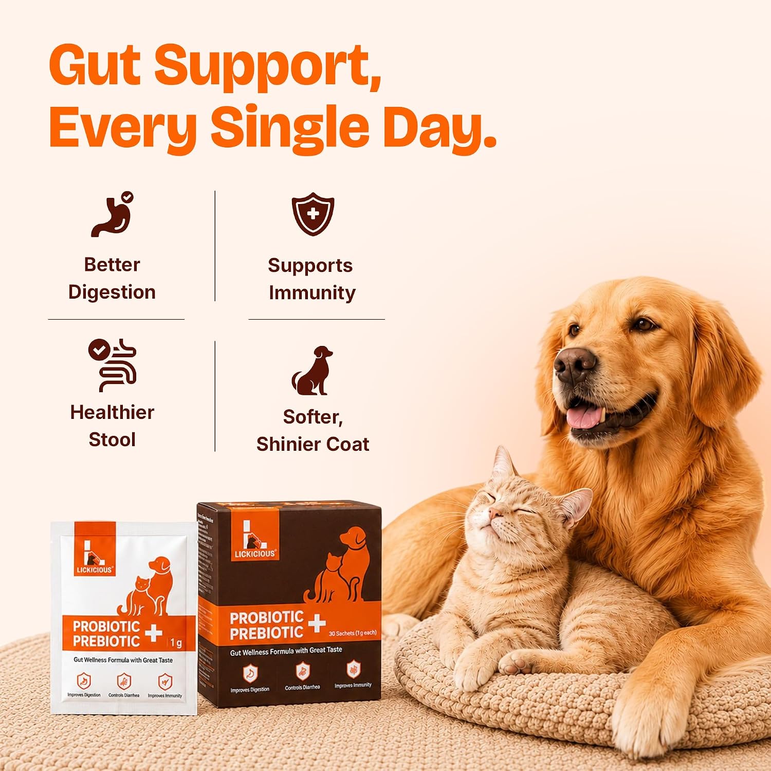 LICKICIOUS Probiotics for Dogs & Cats – Synbiotic Powder with 9.2 Billion CFU, 12 Strains, Prebiotics & Enzymes, 20 Sachets - görsel 4