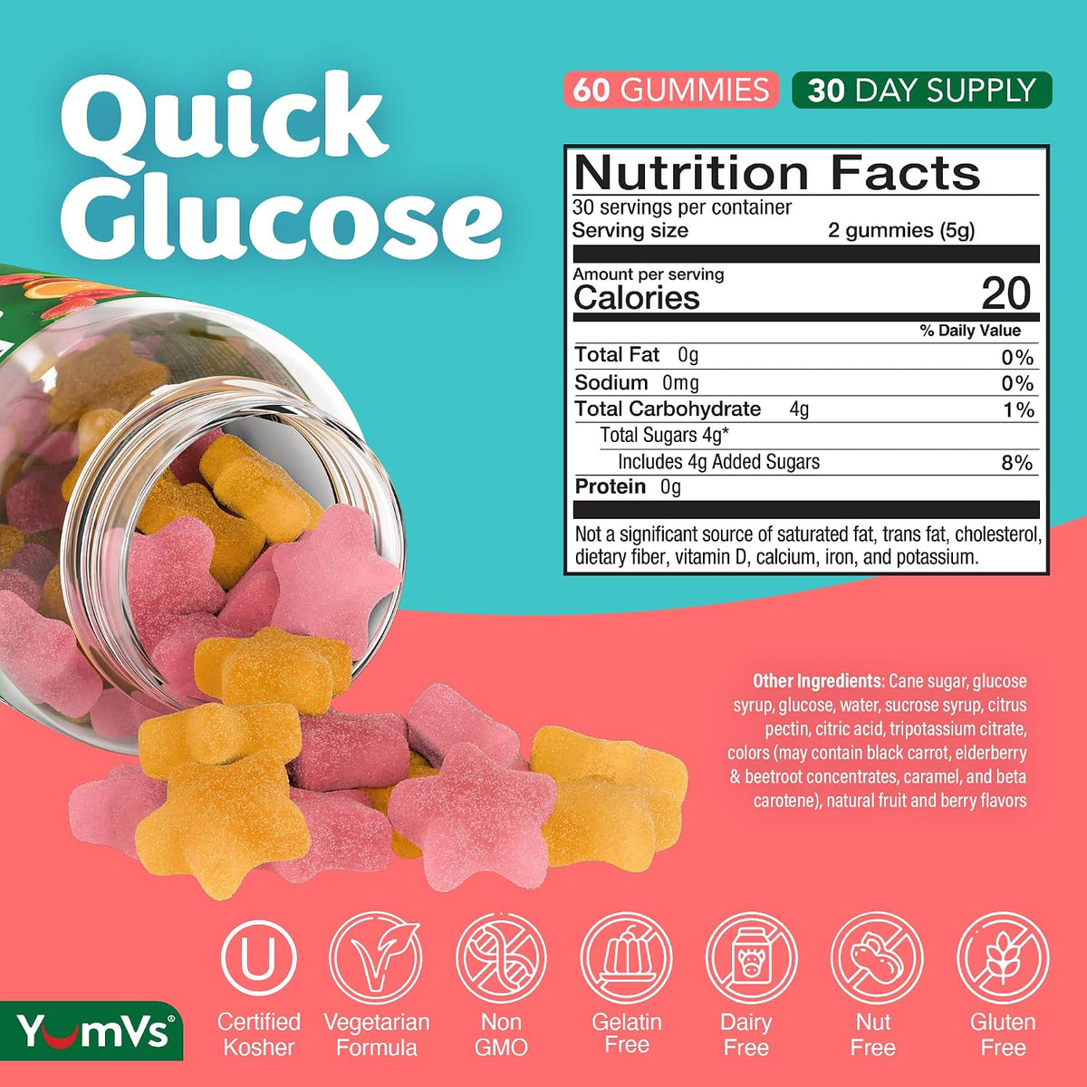 YUM-V'S Glucose Gummies – Fast Acting Chewable Gummies – Orange & Berry – 60 Count (Pack of 2) - görsel 3