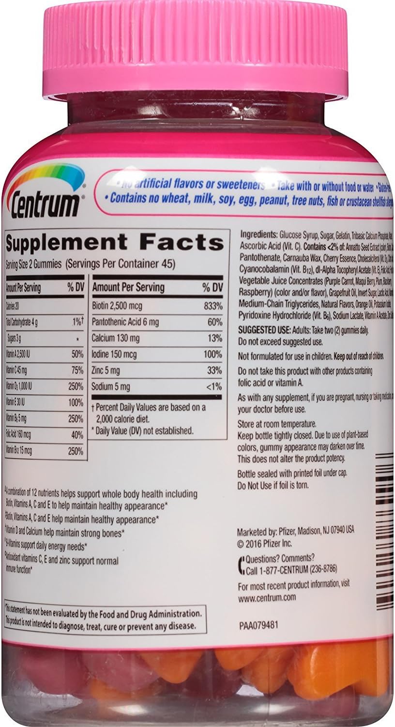 Centrum MultiGummies + Beauty Gummy Multivitamin for Women, Hair Skin and Nails, Cherry/Berry/Orange Flavours, 90 Count - görsel 4