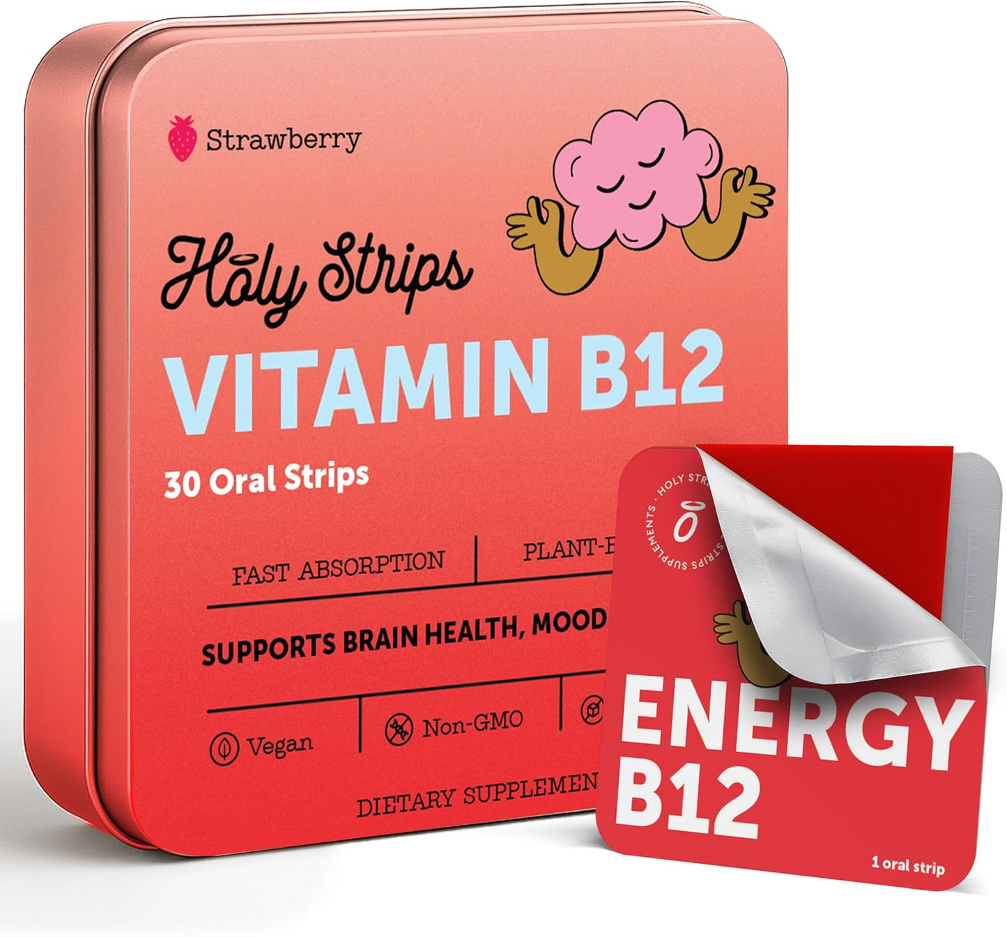 HOLY STRIPS Vitamin B12 Oral Strips – Fast-Absorbing, Vegan, Non-GMO, Sugar-Free – Strawberry Flavour – 30 Strips - görsel 1