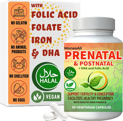 MonesAli Prenatal Gummies for Women - Vegan Halal Prenatal & Postnatal Multivitamin with Folate, DHA, Iron & Biotin - Supports Healthy Pregnancy, Postnatal Energy & Hair Health, 90 Count
