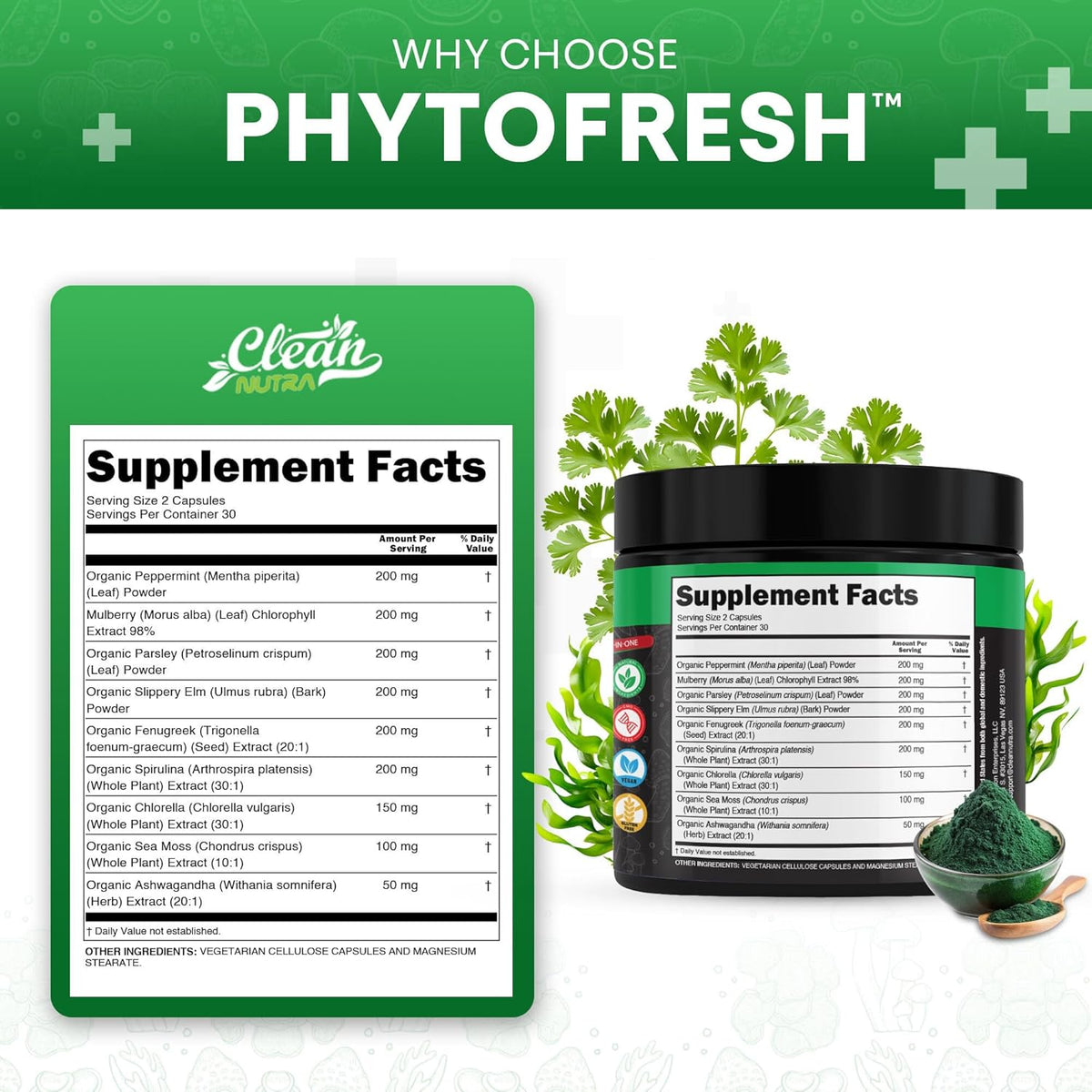 Clean Nutra Chlorophyll Capsules Supplement Internal Deodorant Peppermint, Sea Moss, Parsley, Chlorella, Spirulina, Slippery Elm, Ashwagandha, PhytoFresh Greens Detox Pills - görsel 5