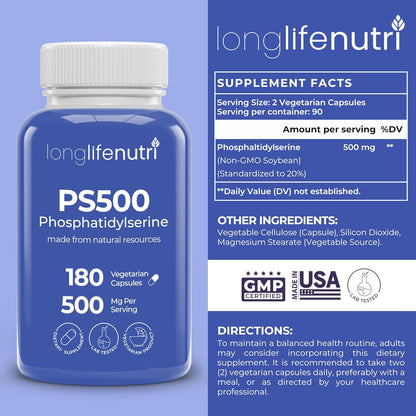 Phosphatidylserine Pure 500mg – 180 Vegetarian Capsules, 3-Month Supply