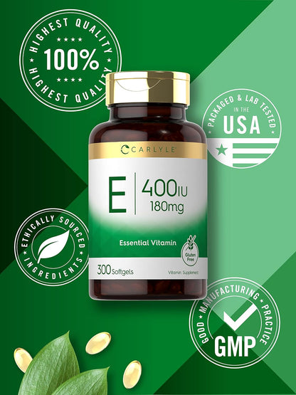 Carlyle Vitamin E 400 IU Softgels (180mg) | 300 Capsules | Non-GMO and Gluten-free Supplement