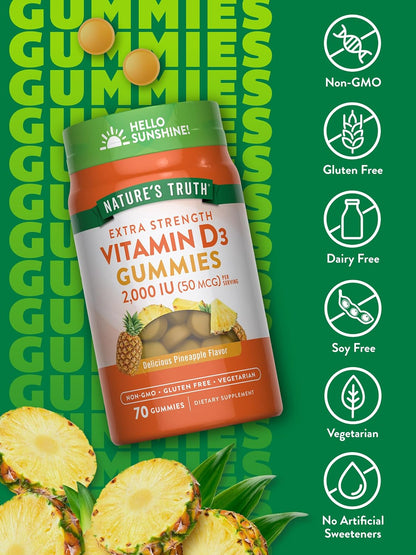 Nature's Truth Vitamin D3 Gummies, 2000 IU, 70 Count, Pineapple Flavour