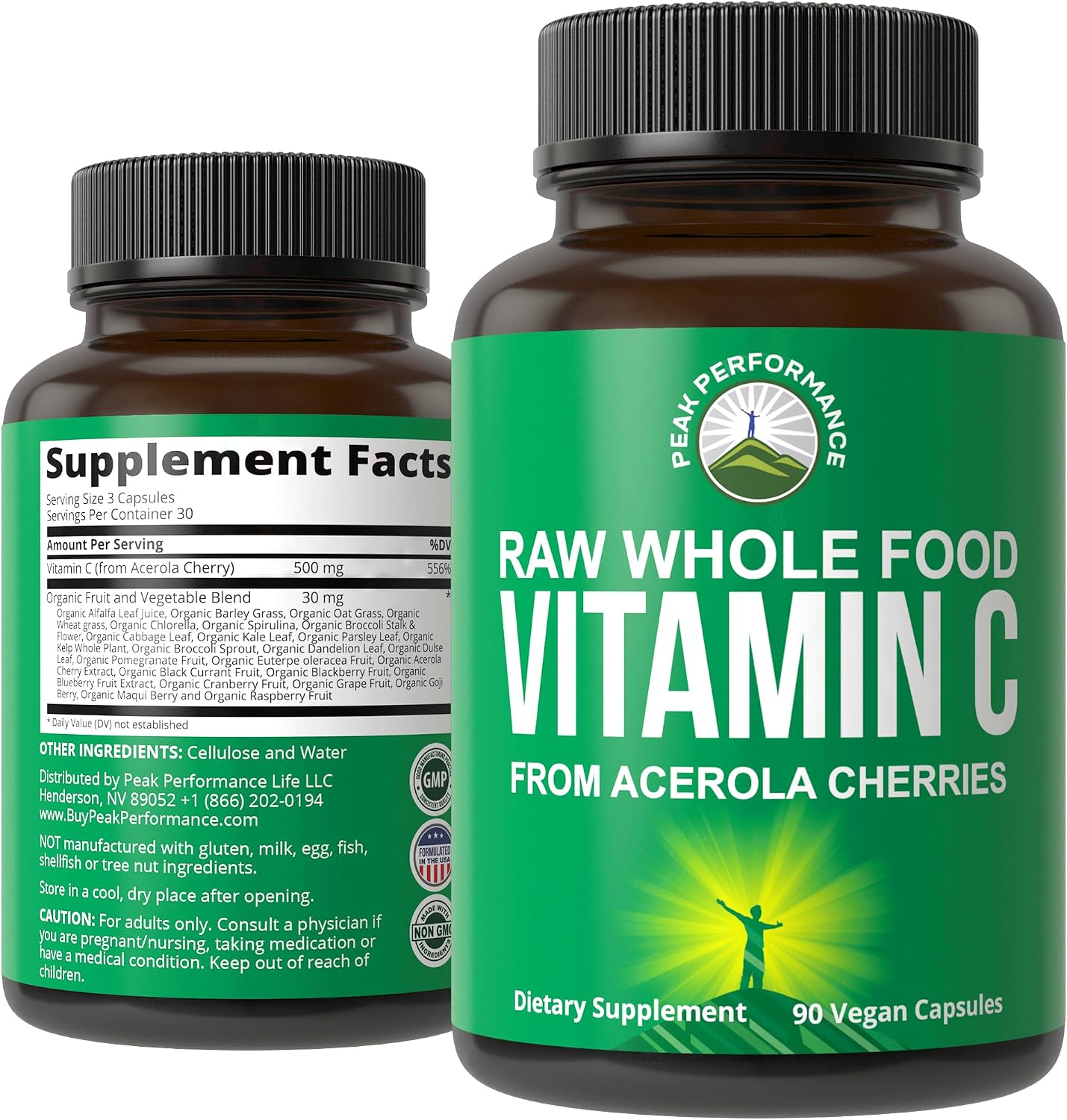 Peak Performance Raw Whole Food Vitamin C – Acerola Cherry, 500 mg, 90 Capsules - görsel 1