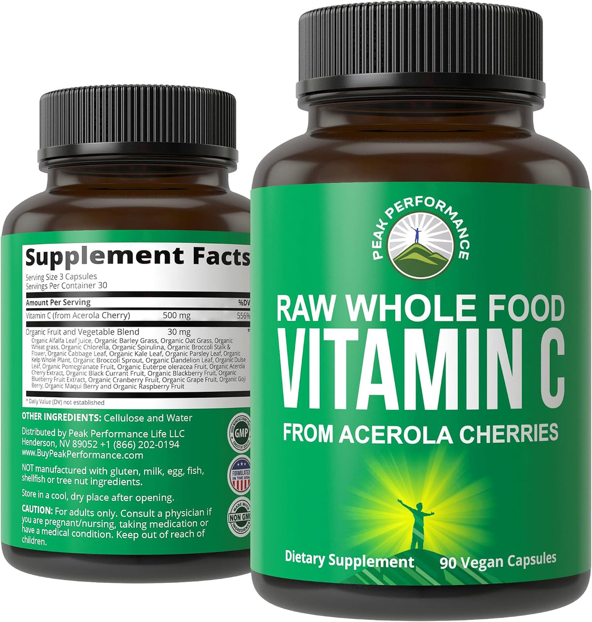 Peak Performance Raw Whole Food Vitamin C – Acerola Cherry, 500 mg, 90 Capsules - görsel 1