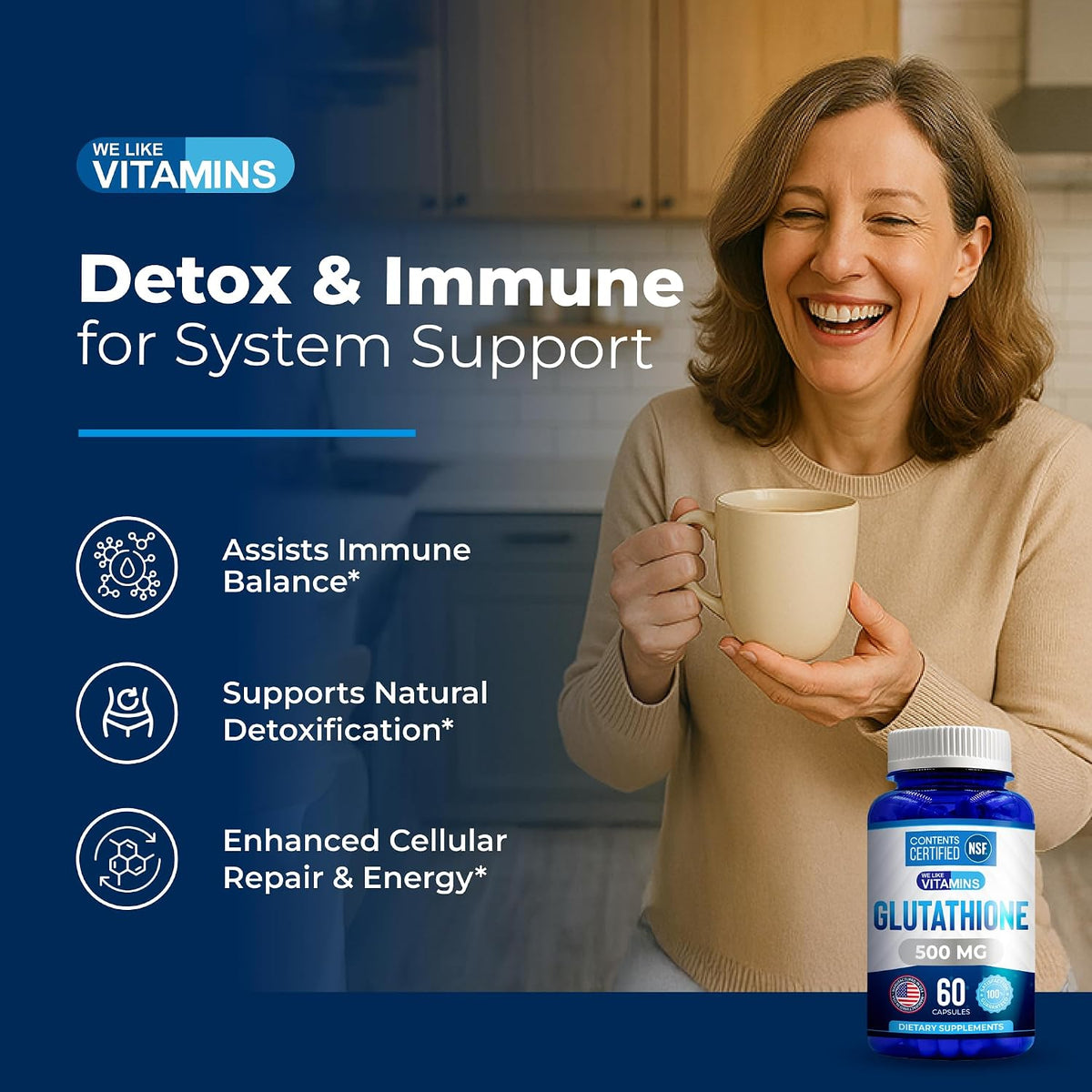 We Like Vitamins NSF Certified Glutathione Supplement 500mg - 60 Capsules of Reduced L-Glutathione for Antioxidant & Immune Support - Manufactured in the USA - görsel 5