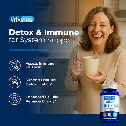 We Like Vitamins NSF Certified Glutathione Supplement 500mg - 60 Capsules of Reduced L-Glutathione for Antioxidant & Immune Support - Manufactured in the USA