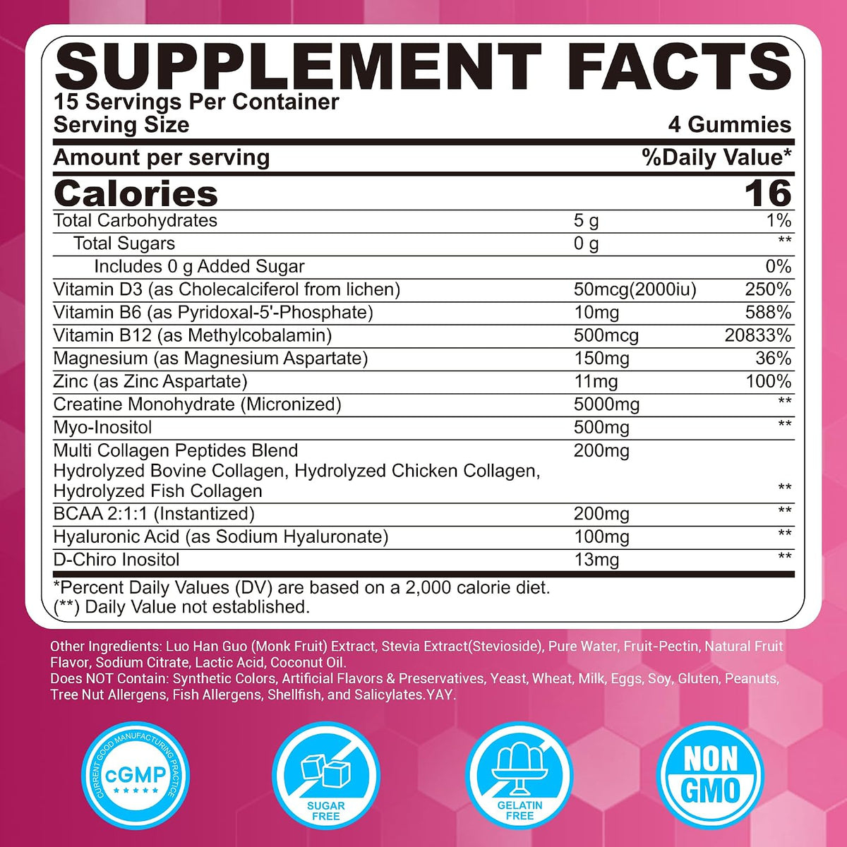 Creatine for Women Gummies: Micronised Creatine Monohydrate + Myo-Inositol, Collagen, BCAAs, Sugar Free - 120 Counts - görsel 2