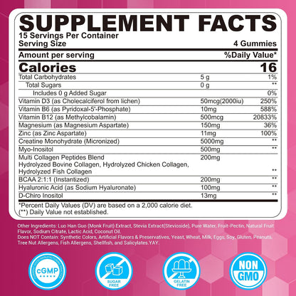 Creatine for Women Gummies: Micronised Creatine Monohydrate + Myo-Inositol, Collagen, BCAAs, Sugar Free - 120 Counts