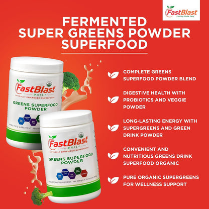 FastBlast Organic Super Greens Powder – Over 30 Superfoods with Probiotics, 180g
