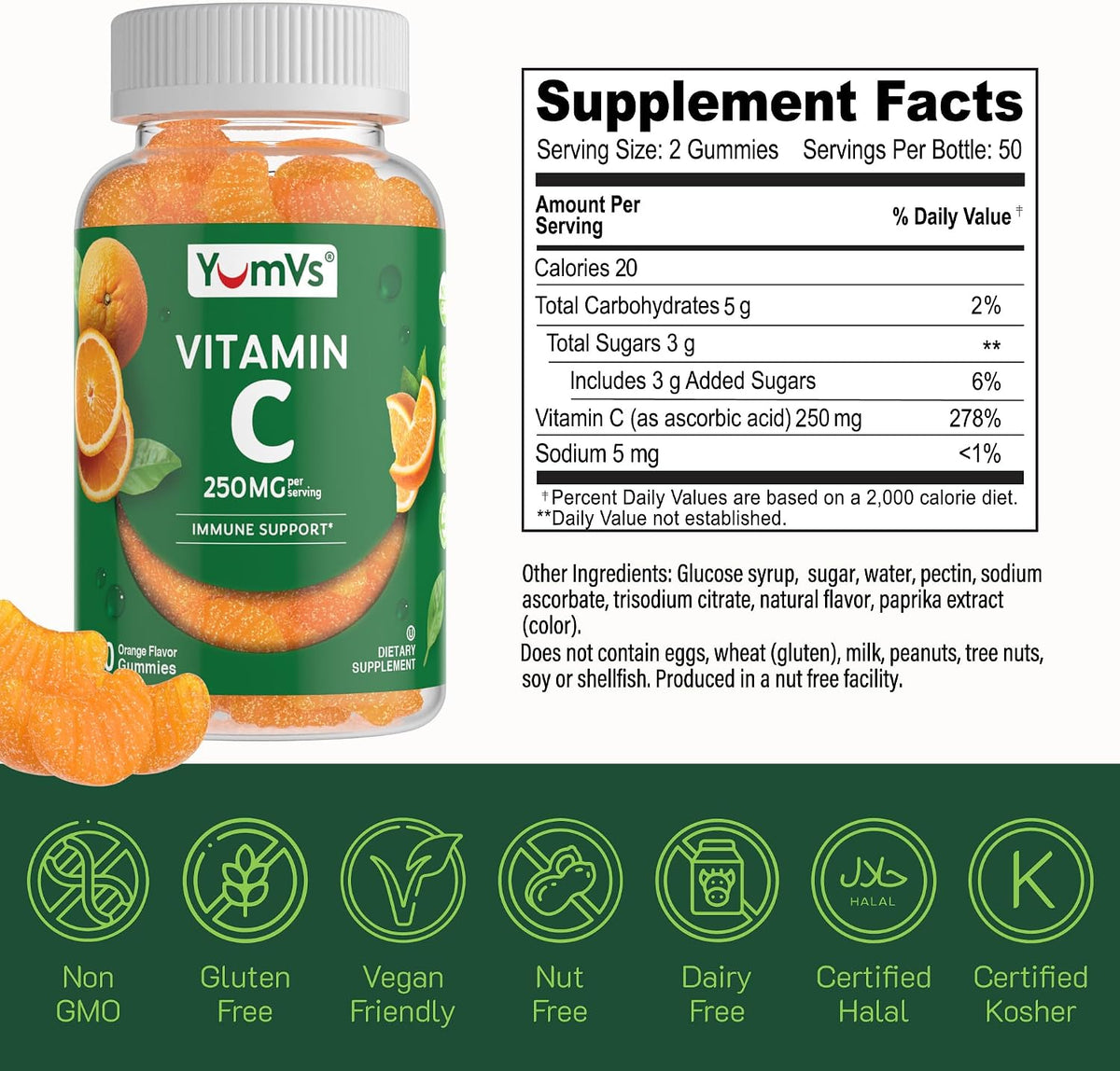 YumVs Vitamin C Gummies for Adults – 250 mg Orange Flavoured – 200 Count (2 Pack) - görsel 6