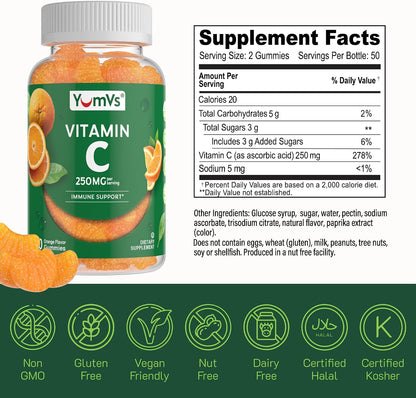 YumVs Vitamin C Gummies for Adults – 250 mg Orange Flavoured – 200 Count (2 Pack)