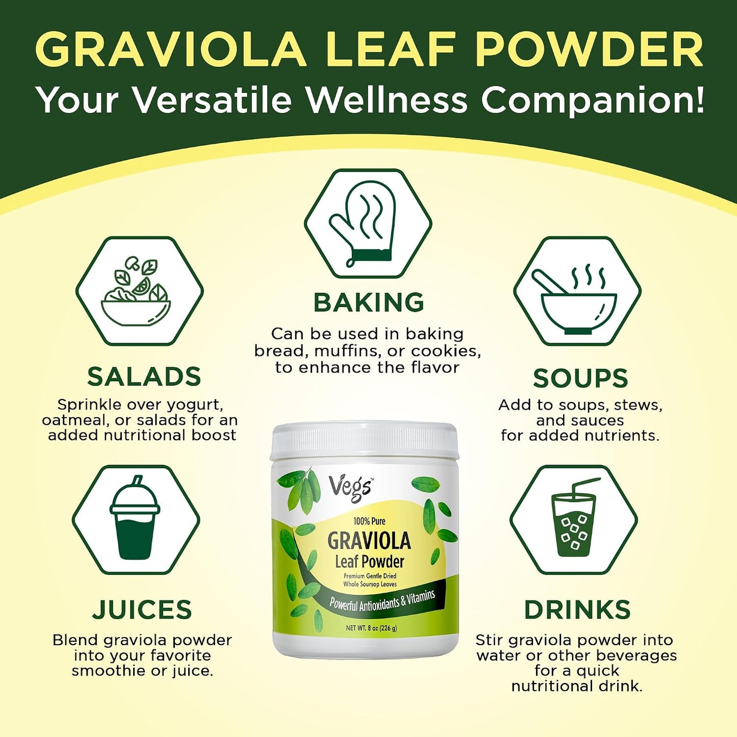 Vegs Organic Graviola Soursop Leaf Powder - Single Origin, True Green, 227 g - görsel 8