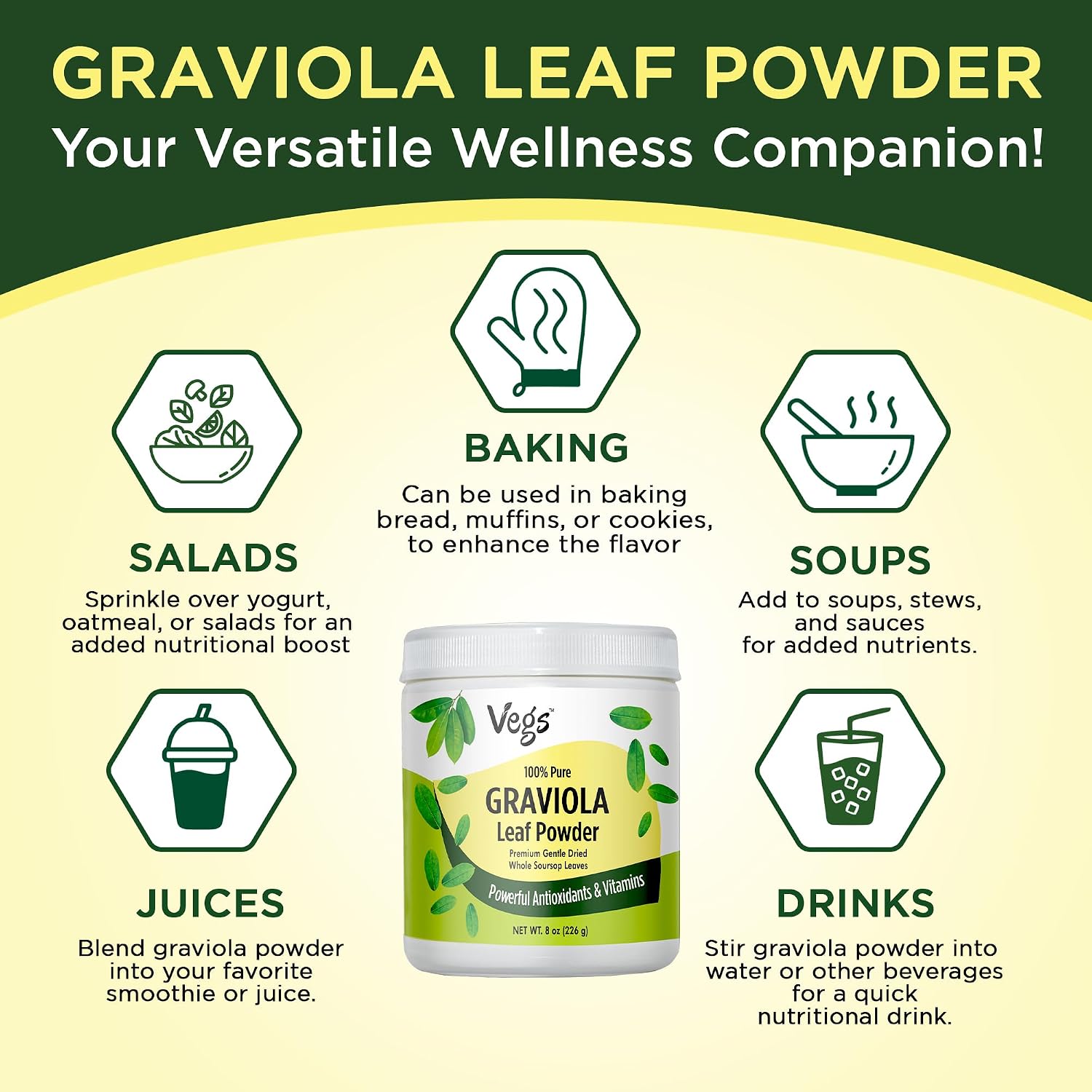 Vegs Organic Graviola Soursop Leaf Powder - Single Origin, True Green, 227 g - görsel 8