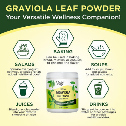 Vegs Organic Graviola Soursop Leaf Powder - Single Origin, True Green, 227 g