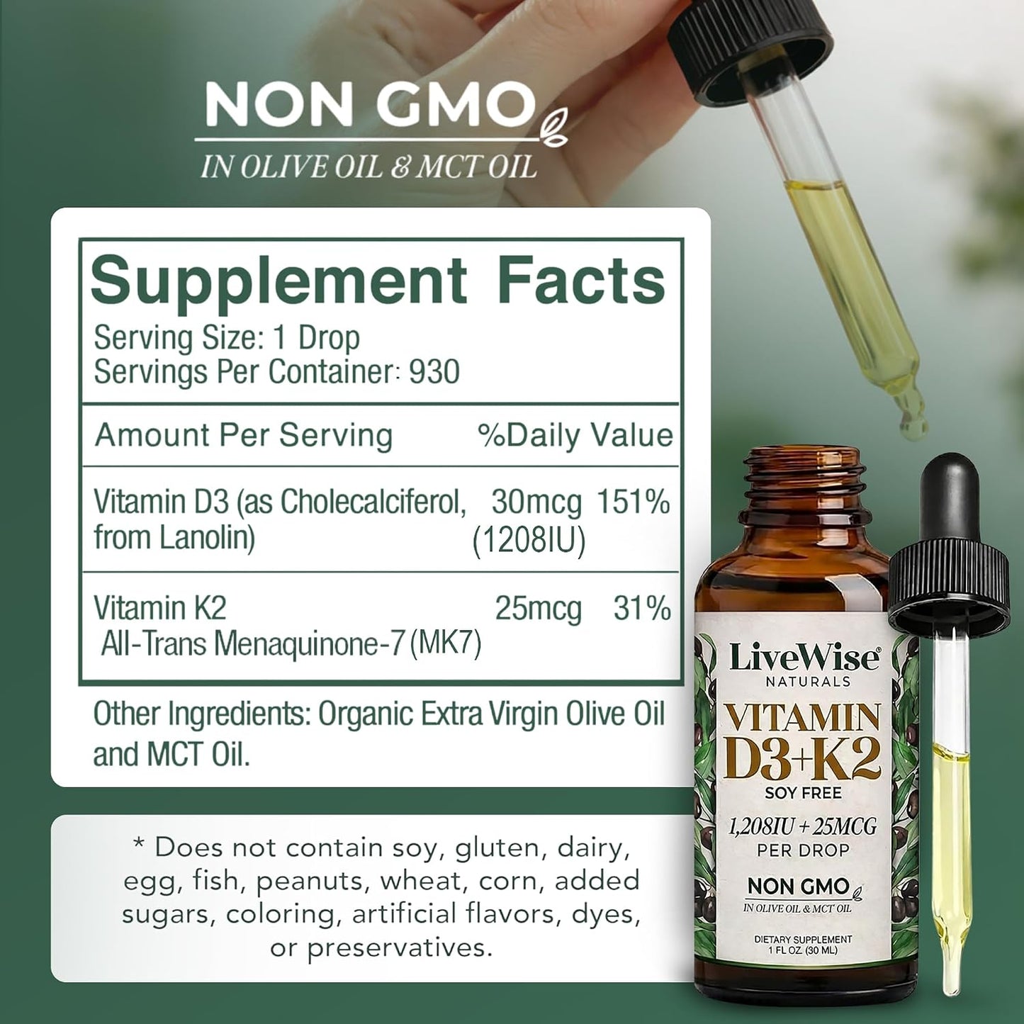 Live Wise Naturals Vitamin D3 & K2 Drops, 1208 IU D3 with 25 mcg K2 (MK-7), 930 Drops - görsel 3