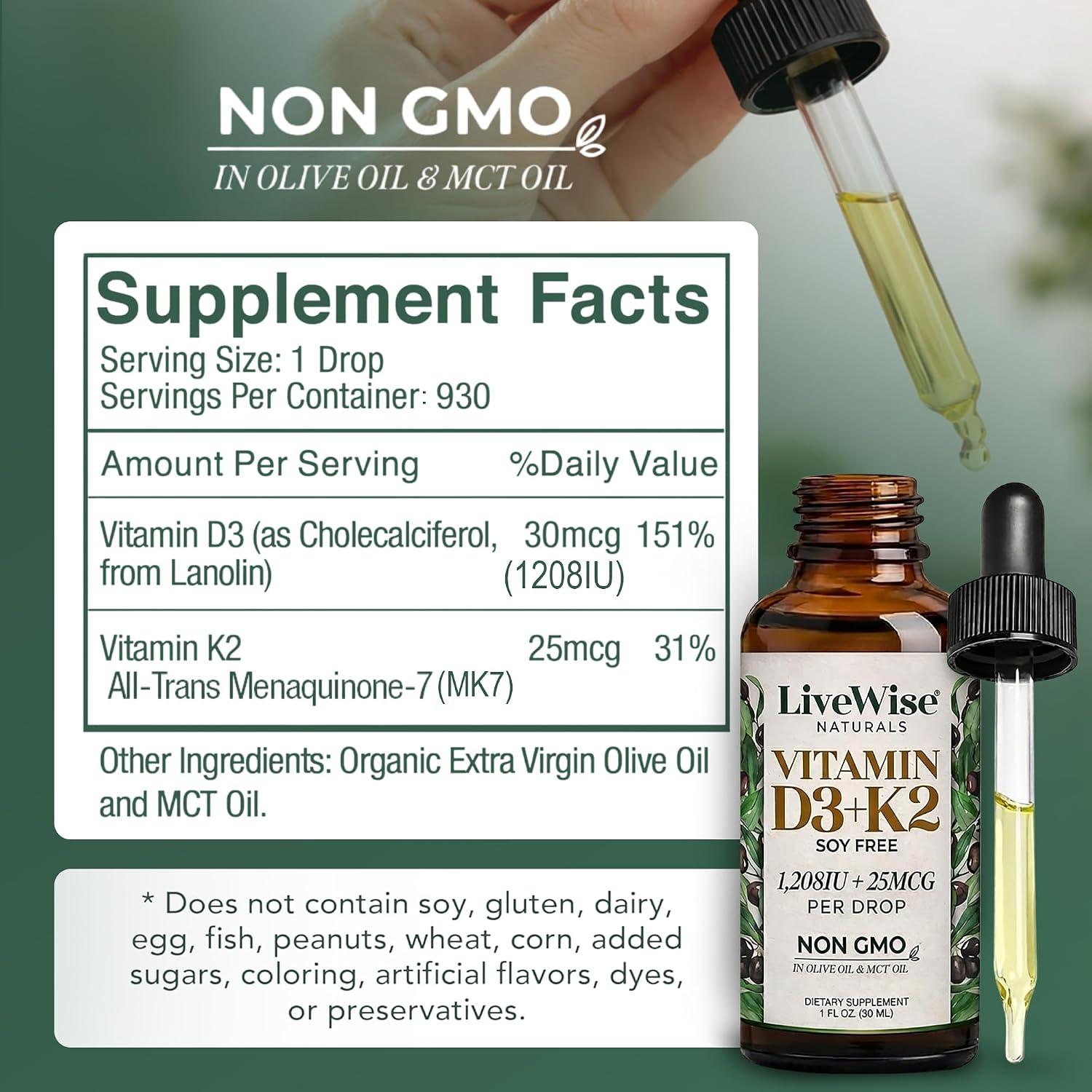 Live Wise Naturals Vitamin D3 & K2 Drops, 1208 IU D3 with 25 mcg K2 (MK-7), 930 Drops - görsel 3