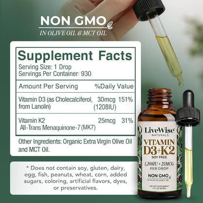 Live Wise Naturals Vitamin D3 & K2 Drops, 1208 IU D3 with 25 mcg K2 (MK-7), 930 Drops