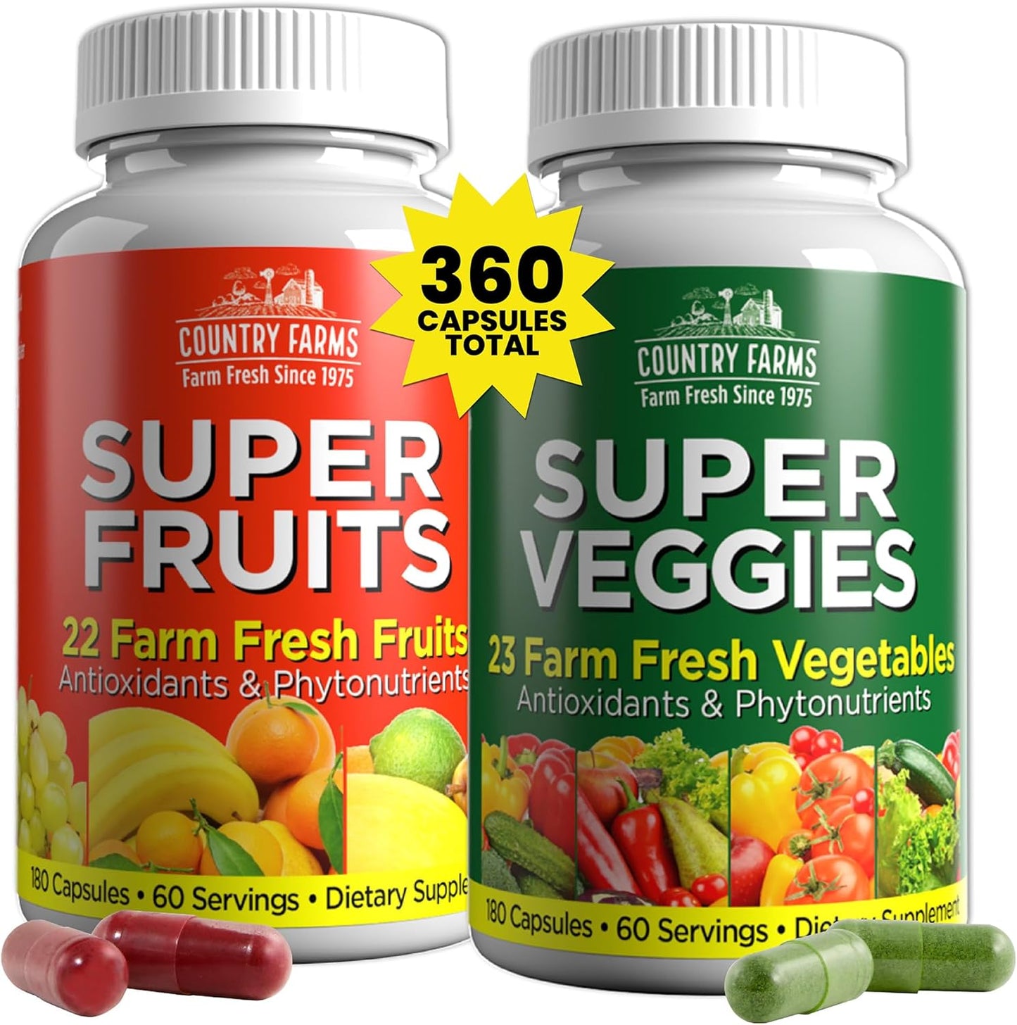 Country Farms Fruit and Vegetable Supplement - 180 Fruit and 180 Vegetable Capsules, 60 Servings - görsel 1