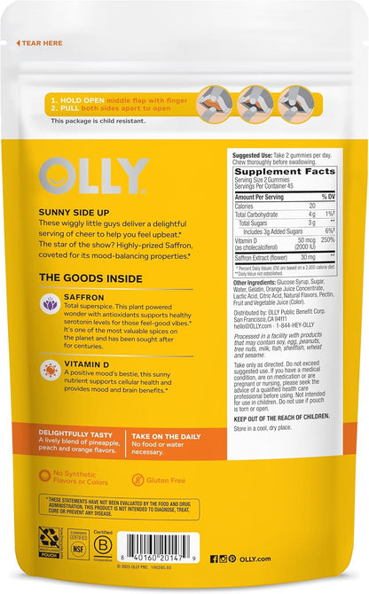 OLLY Hello Happy Gummy Worms – Mood Support with Vitamin D & Saffron, Tropical Zing, 90 Count