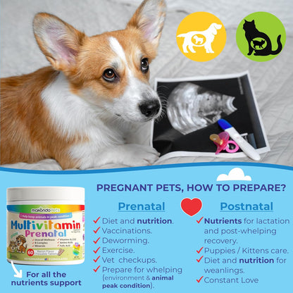 Dog Prenatal Vitamins – Multivitamin for Cats and Dogs with Folic Acid, Calcium, Iron, Minerals and Amino Acids