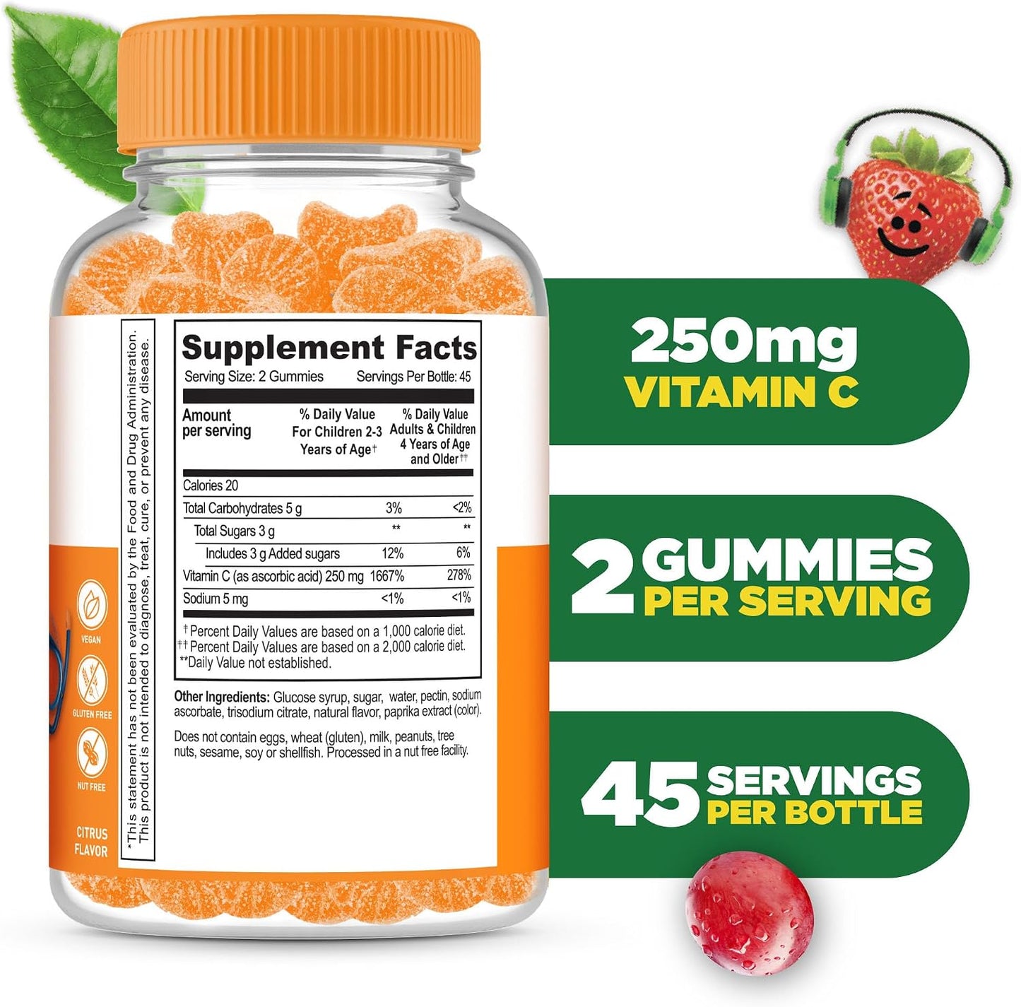 Lifeable Kids Vitamin C Gummies | 250mg | Vegan, Non-GMO, Great Tasting Orange | 90 Gummies - görsel 2