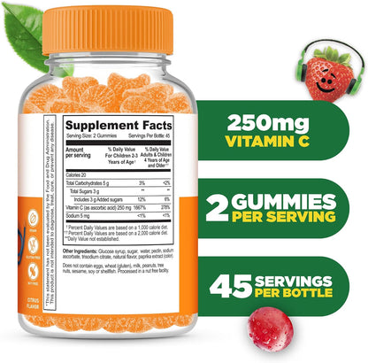 Lifeable Kids Vitamin C Gummies | 250mg | Vegan, Non-GMO, Great Tasting Orange | 90 Gummies