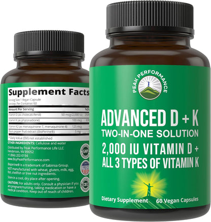 Peak Performance Complete Vitamin D3 & K2 2000 IU with All 3 Types of Vitamin K – 60 Capsules