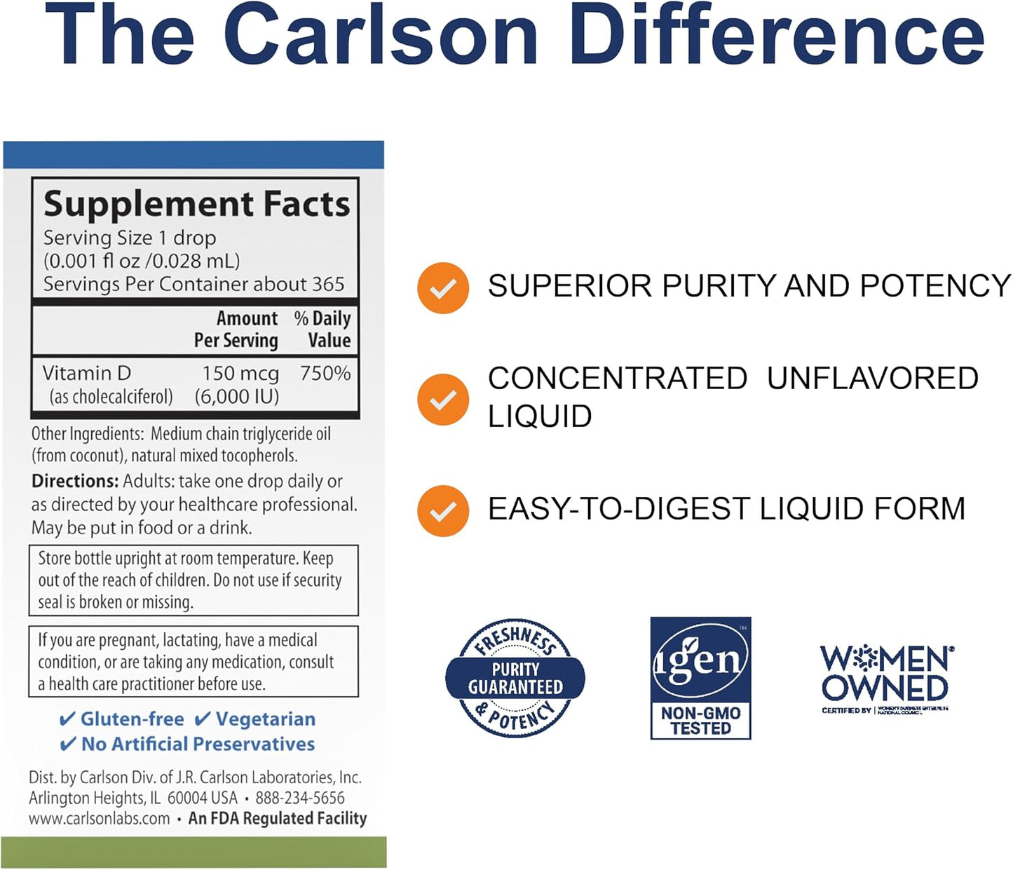 Carlson Super Daily D3, 6000 IU (150 µg) per Drop, Liquid Vitamin D3, 1-Year Supply, Non-GM, Unflavoured, 365 Vegetarian Drops - görsel 2