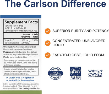 Carlson Super Daily D3, 6000 IU (150 µg) per Drop, Liquid Vitamin D3, 1-Year Supply, Non-GM, Unflavoured, 365 Vegetarian Drops