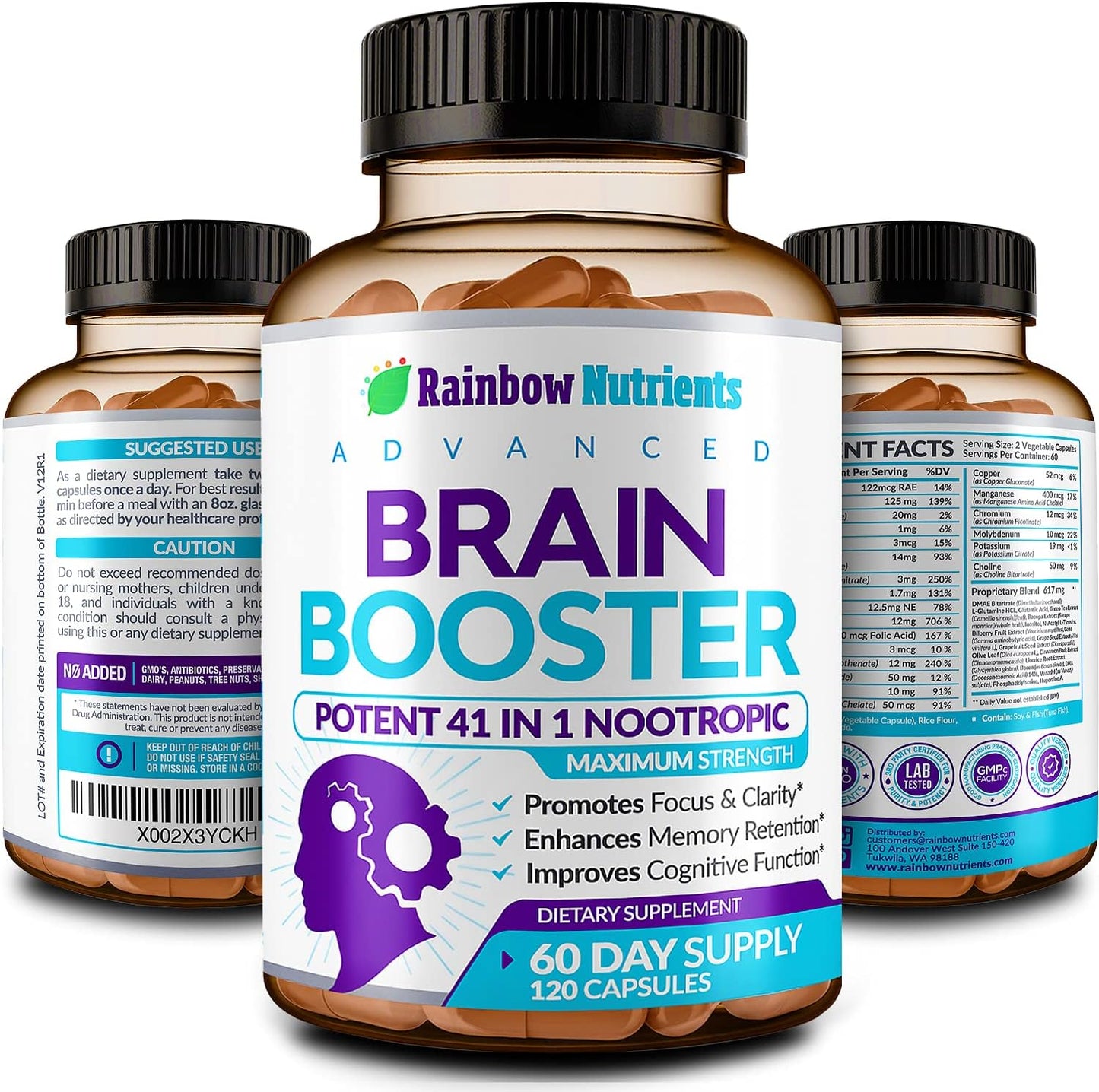 40-in-1 Brain Booster Supplements for Memory, Focus, Clarity, Energy, Performance | Natural Nootropic Brain Support Supplement with DMAE, Bacopa Monnieri & More | For Men & Women | 120 Veggie Capsules - görsel 9