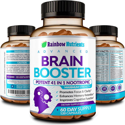 40-in-1 Brain Booster Supplements for Memory, Focus, Clarity, Energy, Performance | Natural Nootropic Brain Support Supplement with DMAE, Bacopa Monnieri & More | For Men & Women | 120 Veggie Capsules