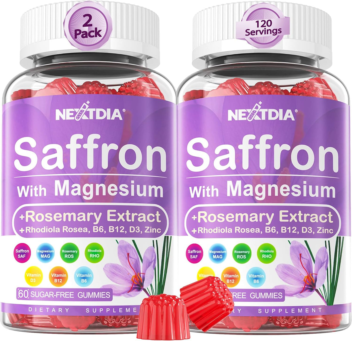 Happy Saffron Gummies – 4 Months Supply – Saffron Extract 177mg, Magnesium Glycinate 200mg, Rhodiola, Rosemary, Vitamin D, B6, B12 for Restfulness, Mood, Calm, Focus – Sugar-Free - görsel 1
