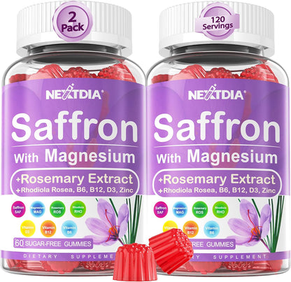 Happy Saffron Gummies – 4 Months Supply – Saffron Extract 177mg, Magnesium Glycinate 200mg, Rhodiola, Rosemary, Vitamin D, B6, B12 for Restfulness, Mood, Calm, Focus – Sugar-Free