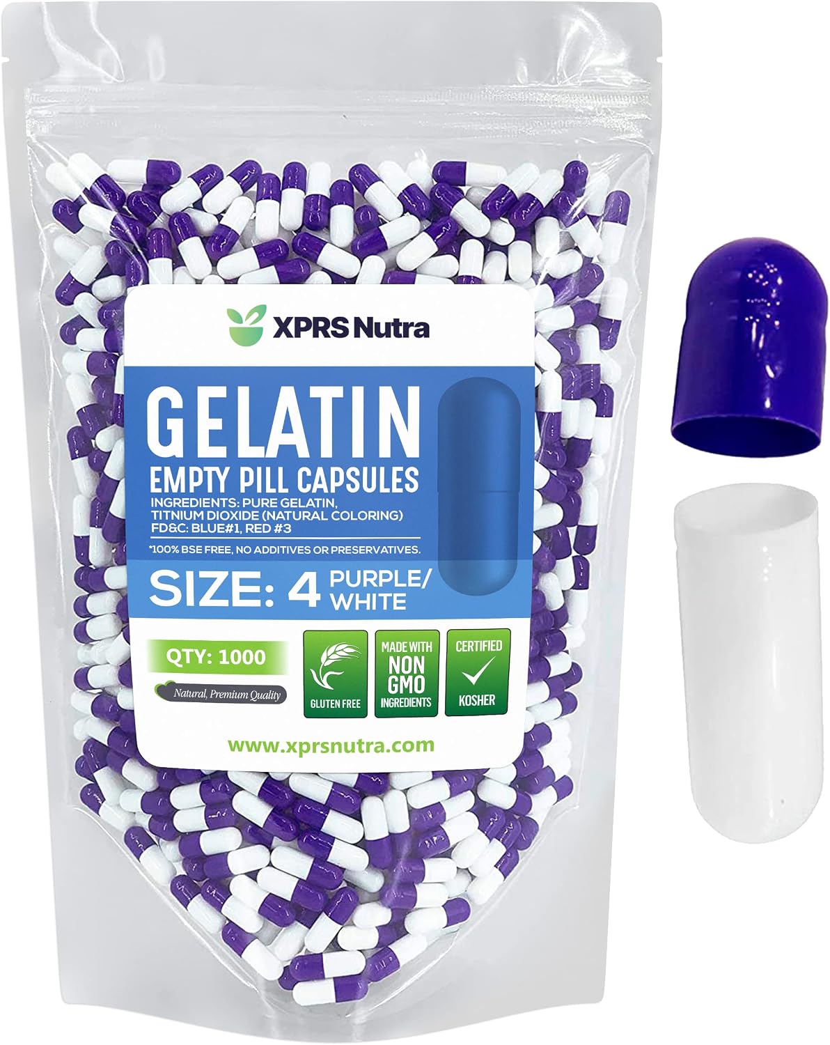 XPRS Nutra Size 4 Empty Capsules - 100 Count Small Empty Gelatine Capsules - Pills for DIY Capsule Filling - Fillable Pure Bovine Capsules for Do-It-Yourself Supplements (Purple/White) - görsel 10