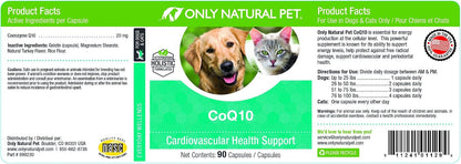 Only Natural Pet CoQ10 Capsules for Dogs & Cats – Coenzyme Q10 Ubiquinone Supplement – 90 Count